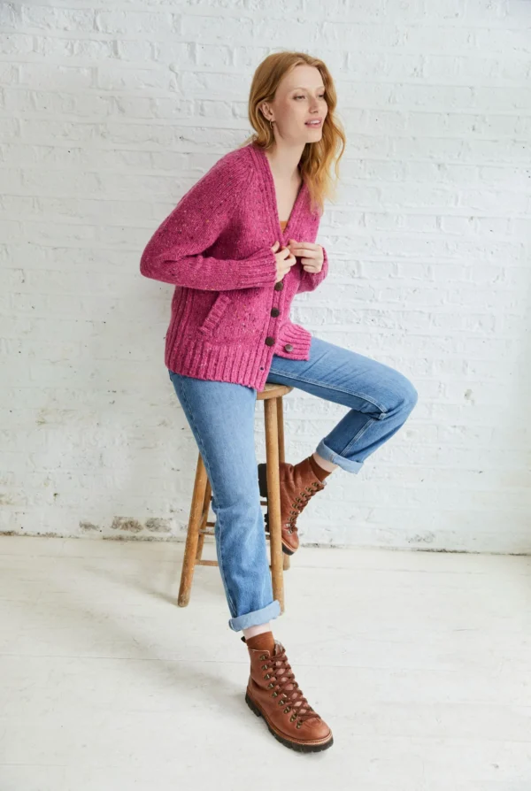 Damenwolljacke mit V-Ausschnitt Donegal Tweed pink – Bild 3