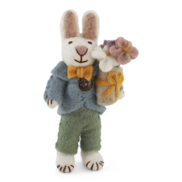 Kleines weißes Häschen mit Jackett und Blumentopf H 15cm
