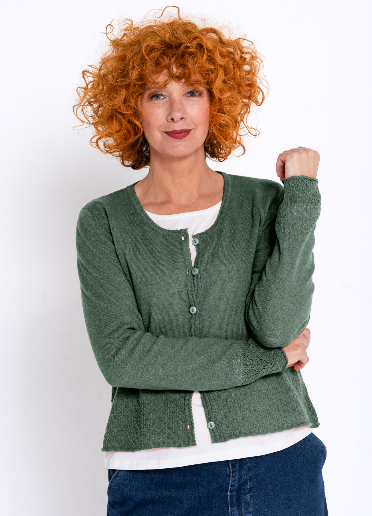 Strickjacke mit Ajourkante lorbeer